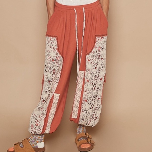POL Pants - 1 LEFT POL Burnt Sienna Joggers | Relaxed Fit | Crochet Patchwork Pants